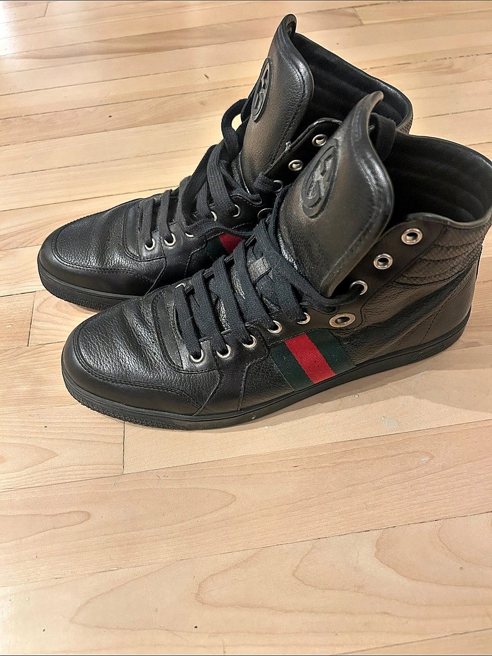 Vintage Gucci Leather High Top Sneaker with Web Black & Red US 9